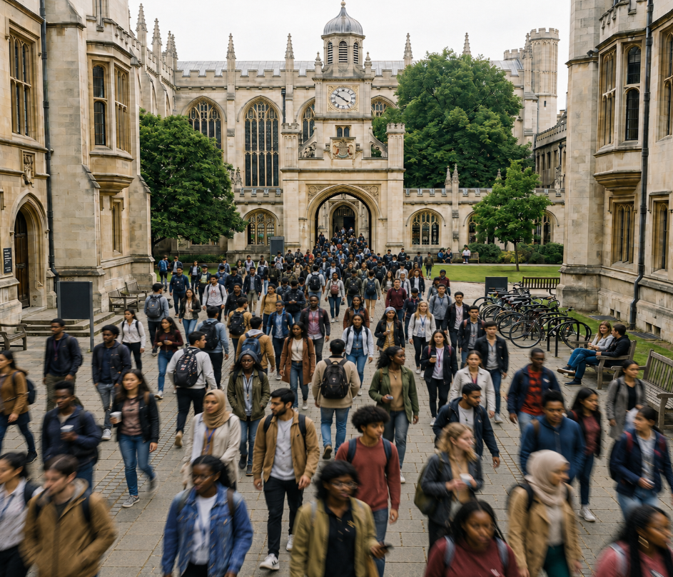 Students walking through a university campus courtyard