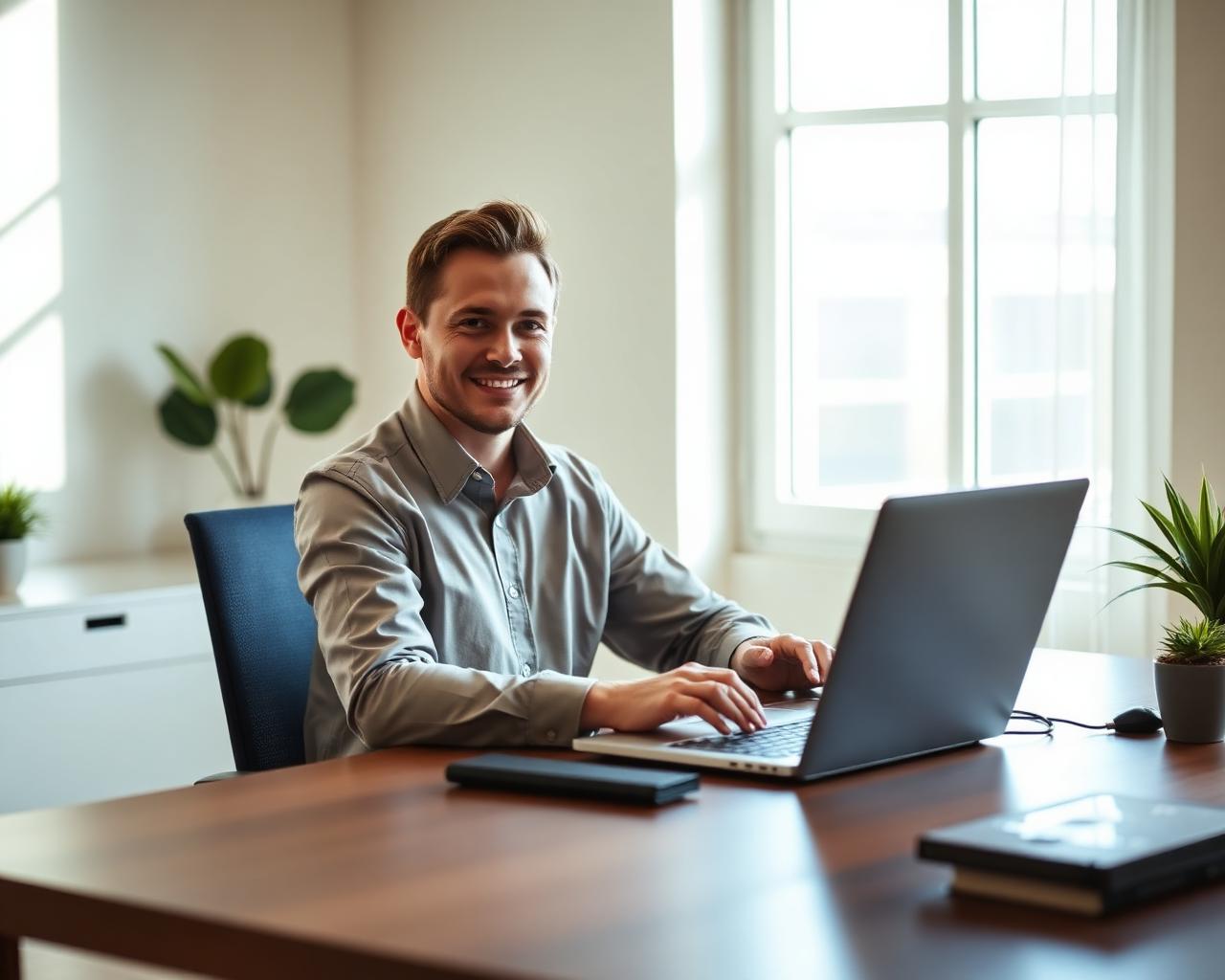 A professional working remotely from a bright home office